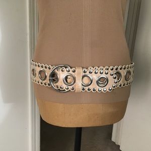 Large Silver Eyelet Grommet Studded Glitter Cream Belt Medium /Large Retro